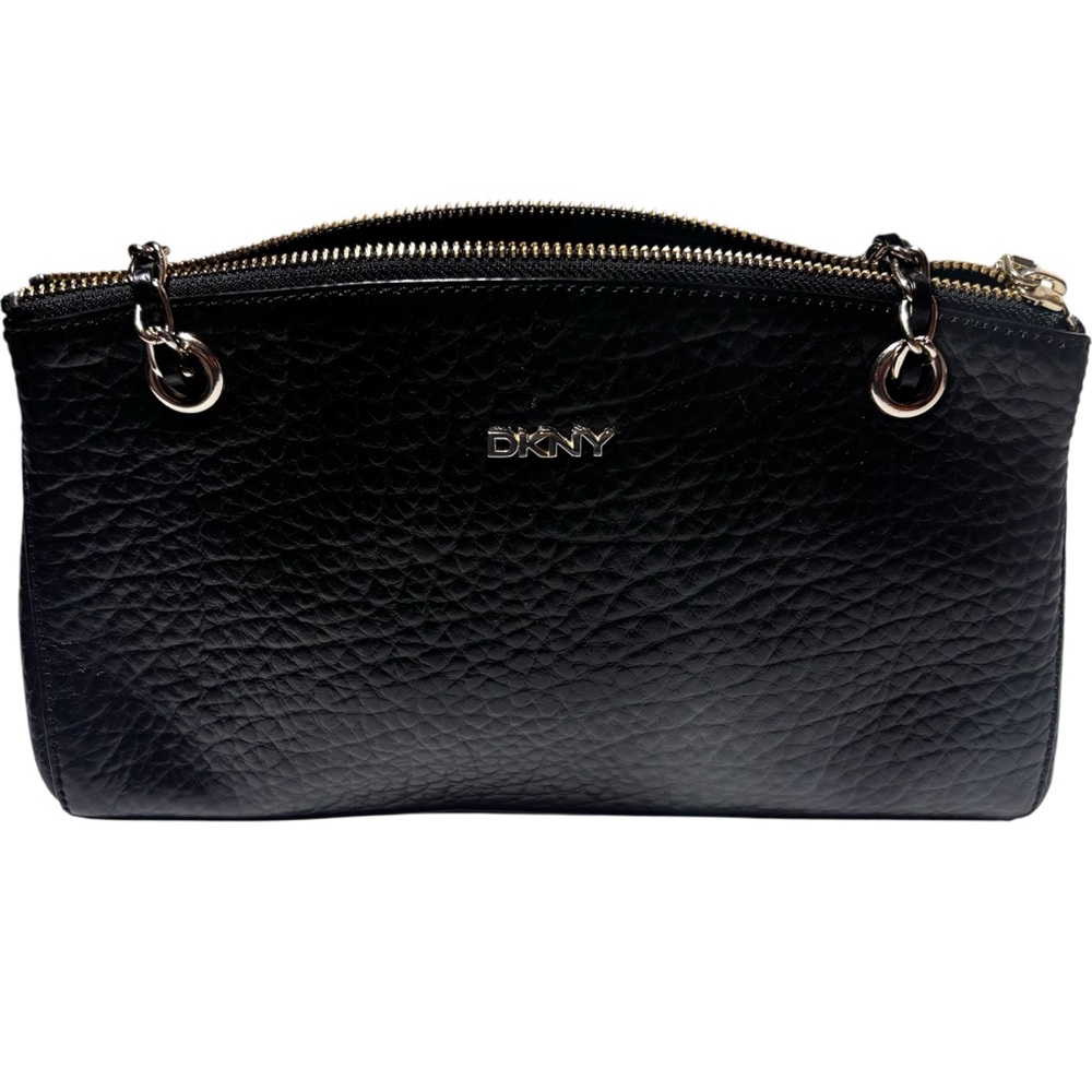 DKNY WOMENs BLACK LEATHER SHOLDER BAG 2CHAIN & LEATHER STRAP VERY GOOD CONDITION